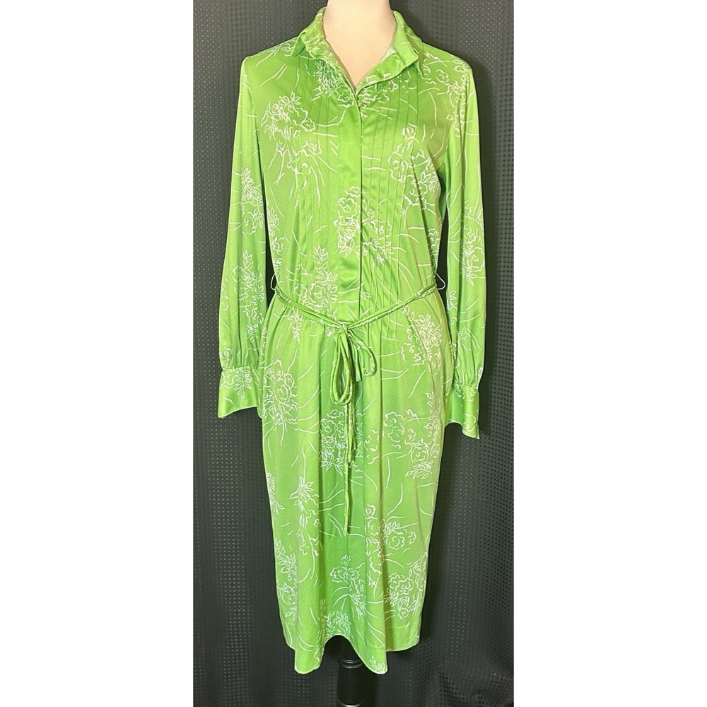 Vintage 70s Lime Green White Floral Belted Button Front Shirt Dress